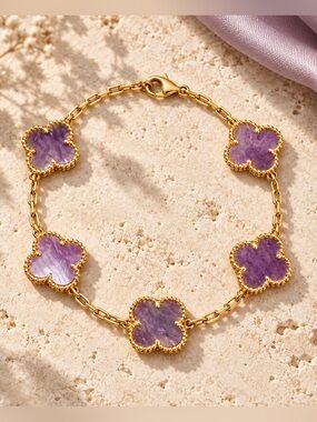 Gold Bracelet with Purple Clover Accents